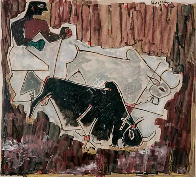 M.F. Husain (Artist), Untitled (Farmer and Bulls), 1950, Painting
