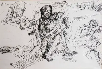 Somnath Hore (Artist), Untitled (Village scene), 1981, Drawing