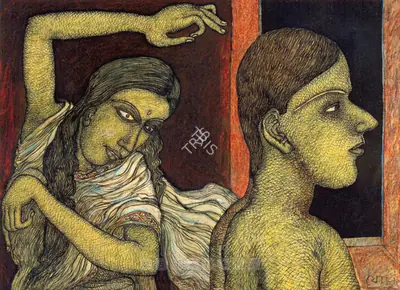 Chowdhury, Jogen (Artist). Dancer And Man Infront Of A Dark Window, n.d. | Drawing, So.Lon/15.06.10, 2010 · Sotheby's