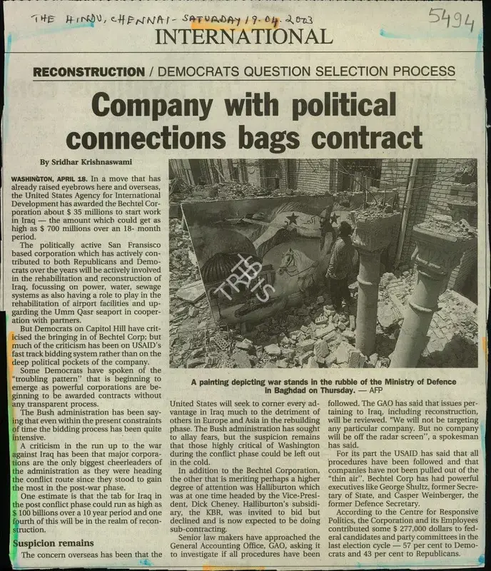 Sridhar Krishnaswami (Reporter), Company with Political Connections Bags Contract, 2003, Newspaper Clipping