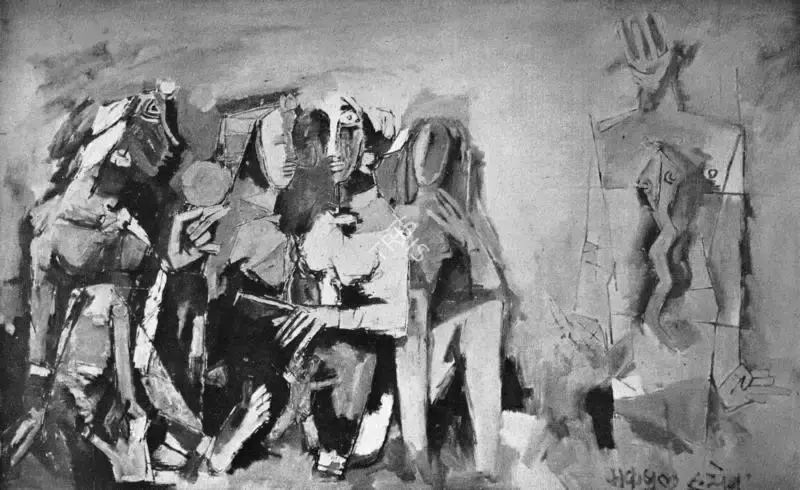 M.F. Husain (Artist), For Flung Roof Tops sit together telling stories unknown to themselves, 1964, Painting