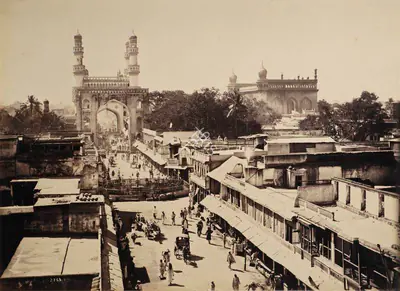 Lala Deen Dayal (Photographer), The Charminar with the Mecca Mosque to the right, Hyderabad, Antiquarian Photograph