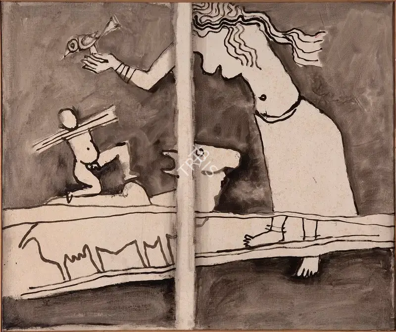 M.F. Husain (Artist), Untitled (Woman and Bull Rider), 1970, Painting