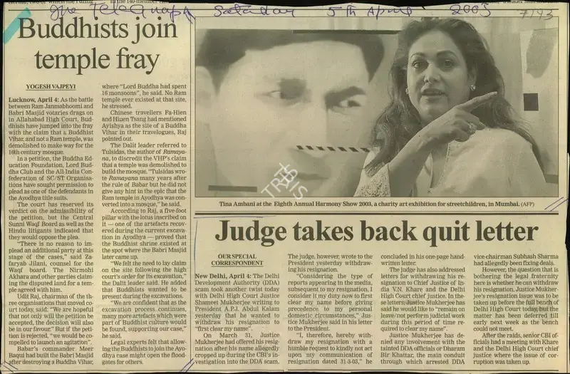 Yogesh Vajpeyi (Reporter), Buddhists join Temple Fray, 2003, Newspaper Clipping