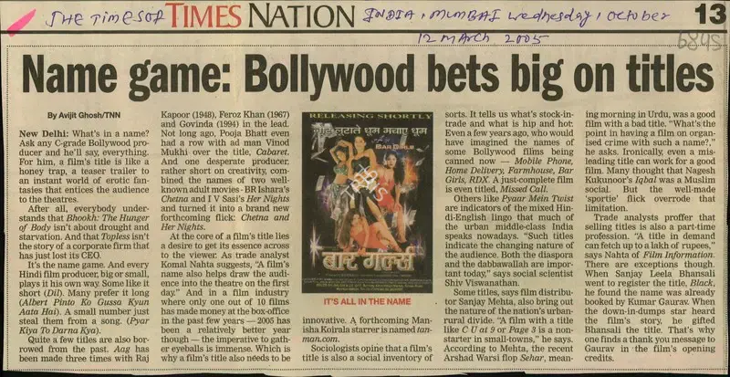 Avijit Ghosh (Reporter), Name game: Bollywood bets big on titles, 2005, Newspaper Clipping