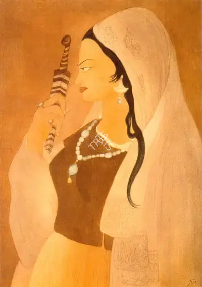 M.A.R. Chughtai (Artist), Lady With Umbrella, Painting