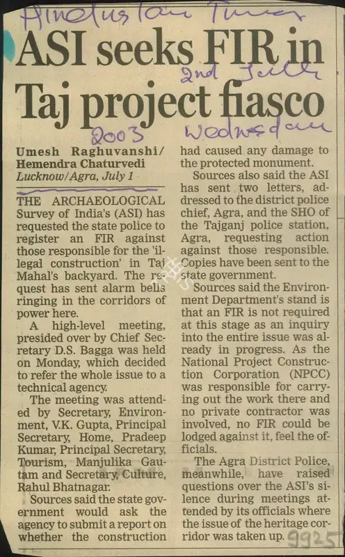 Umesh Raghuvanshi (Writer), ASI Seeks FIR in Taj Project Fiasco, 2003, Newspaper Clipping