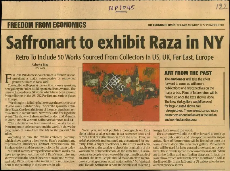 Ashoke Nag (Reporter), Saffronart to Exhibit Raza in NY, 2007, Newspaper Clipping