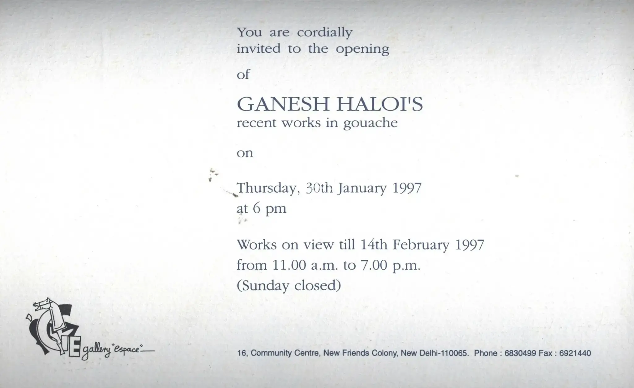 Ganesh Haloi (Artist), Ganesh Haloi, 1997, Solo Exhibition Invitation