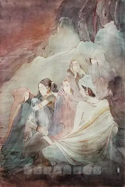 Ramgopal Vijaiwargiya (Artist), Women With A Holyman On A Mountainside By Night, 1935, Painting