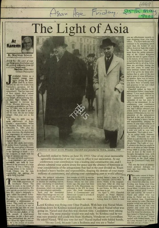 K. Natwar Singh (Reporter), The Light of Asia, 2001, Newspaper Clipping