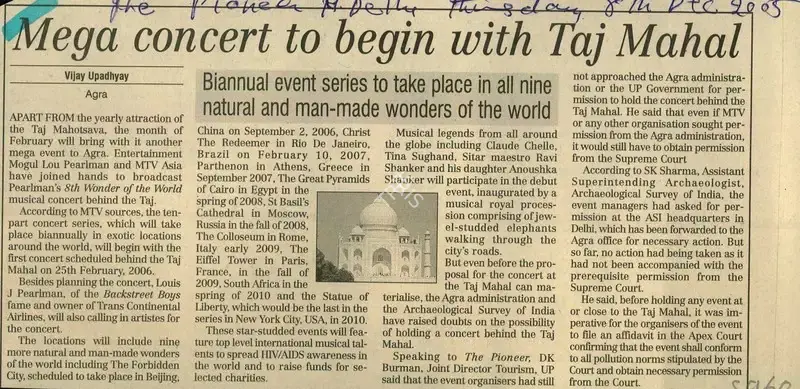 Vijay Upadhyay (Reporter), Mega Concert to begin with Taj Mahal, 2005, Newspaper Clipping