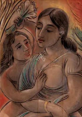 George Keyt (Artist), Kandyan Woman And Her Child, 1927, Drawing