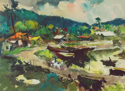 S.H. Raza (Artist), Boats at the Shore, 1945, Painting