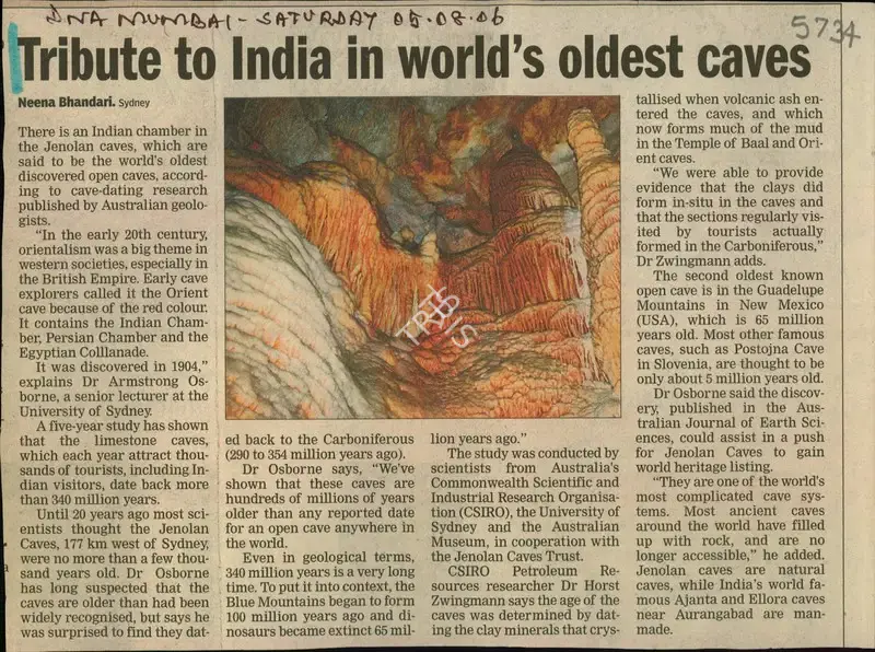 Neena Bhandari (Reporter), Tribute to India in World's Oldest Caves, 2006, Newspaper Clipping