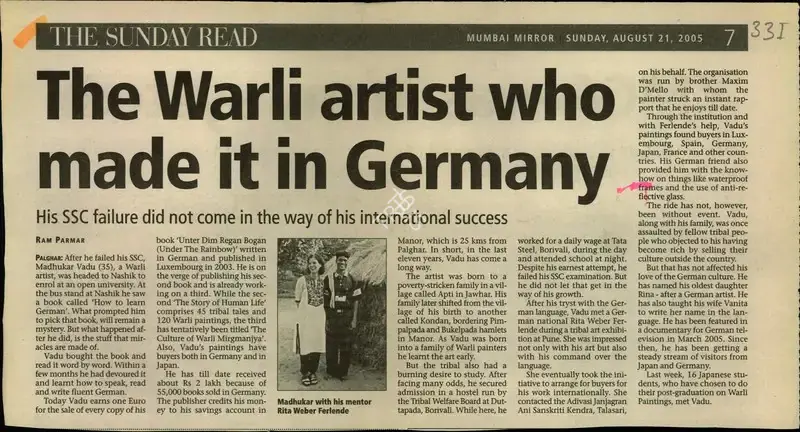 Ram Parmar (Reporter), The Warli Artist Who Made it in Germany, 2005, Newspaper Clipping