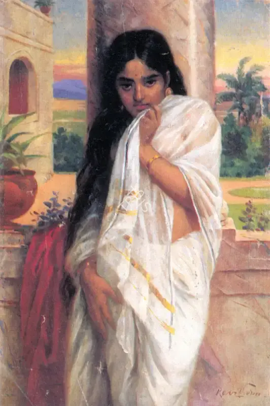 Varma, Raja Ravi (Artist). Woman Wearing a White Sari on a Veranda, n.d. | Painting, So.Lon/08.10.96, 1996 · Sotheby's
