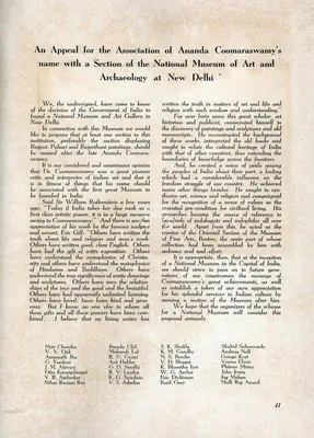 An Appeal for the Association of Ananda Coomaraswamy's name with a Sectionof the National Museum of Art and Archaeology at New Delhi, 1950, Essay