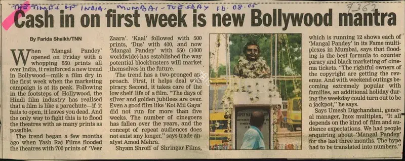 Farida Shaihk (Reporter), Cash in on first week is new Bollywood Mantra, 2005, Newspaper Clipping