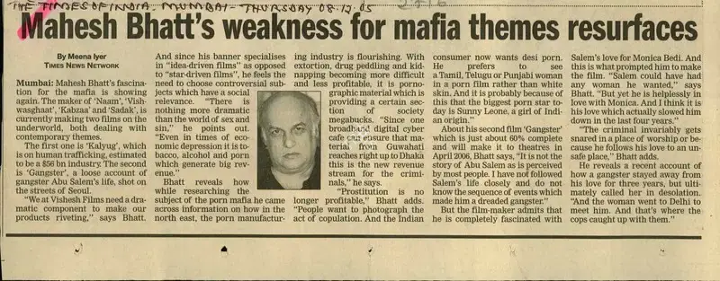 Meena Iyer (Reporter), Mahesh Bhatt's Weakness For Mafia Themes Resurfaces, 2005, Newspaper Clipping