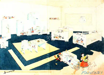 M.F. Husain (Artist), Design for a Suite of Nursery Furniture decorated with scenes of India Village Life, 1945, Painting