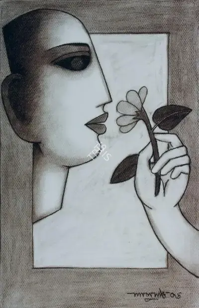 Lalu Prasad Shaw (Artist), Woman with Flower, Painting