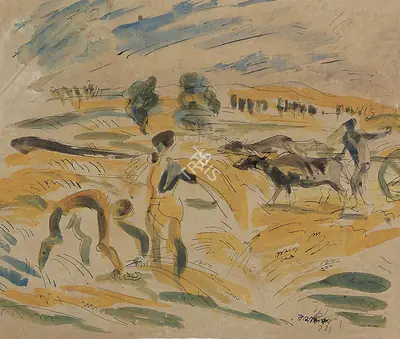 Ramkinkar Baij (Artist), Farmers Harvesting, 1943, Painting