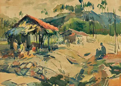 S.H. Raza (Artist), Untitled (Landscape), 1949, Painting
