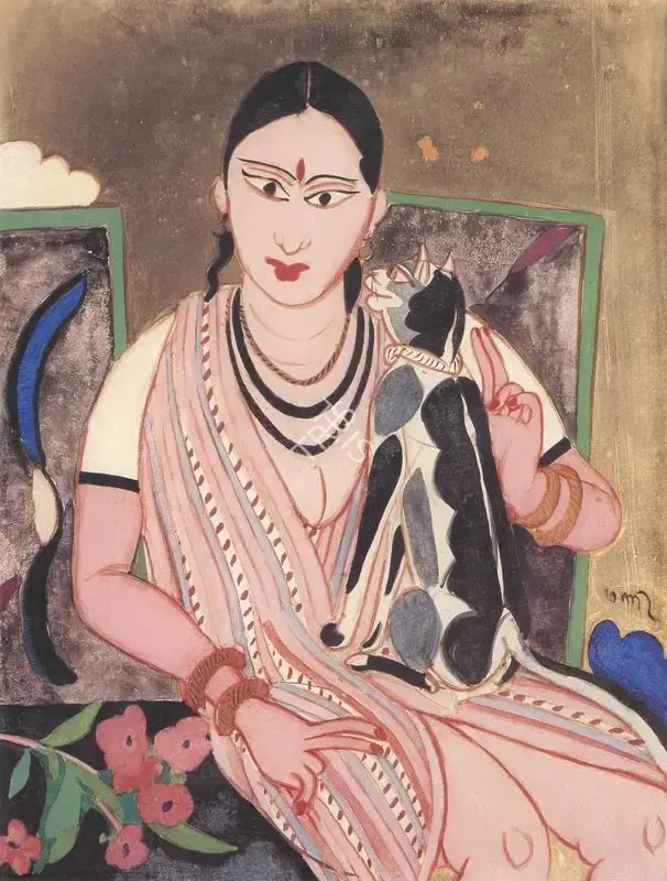 Subramanyan, K.G. (Artist). Girl with Cat . Watercolour and Oil on Glass, 1980 | K.G. Subramanyan, 2003 | Painting | FineArts | 00566159