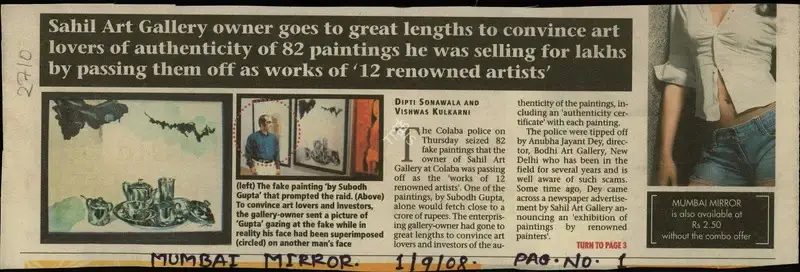 Dipti Sonawala (Reporter), Sahil Art Gallery Owner Goes to Great Lengths to Convince Art Lovvers of Authenticity of 82 Paintings He Was Selling For Lakhs By Passing Them off As Works of 12 Renowned Artists, 2008, Newspaper Clipping