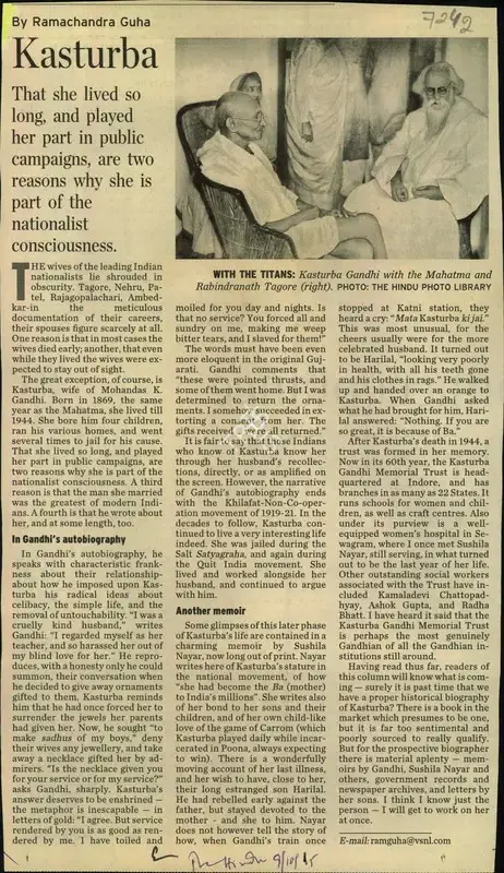 Ramachandra Guha (Reporter), Kasturba, 2005, Newspaper Clipping