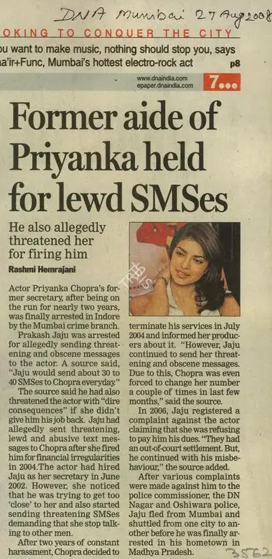 Roshni Hemrajani (Reporter), Former Aide of Priyanka Held For Lewd SMSes, 2008, Newspaper Clipping
