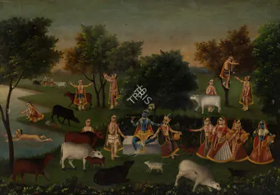 Early Bengal School (Artist), Radha and Krishna with Gopinis, 1875, Painting