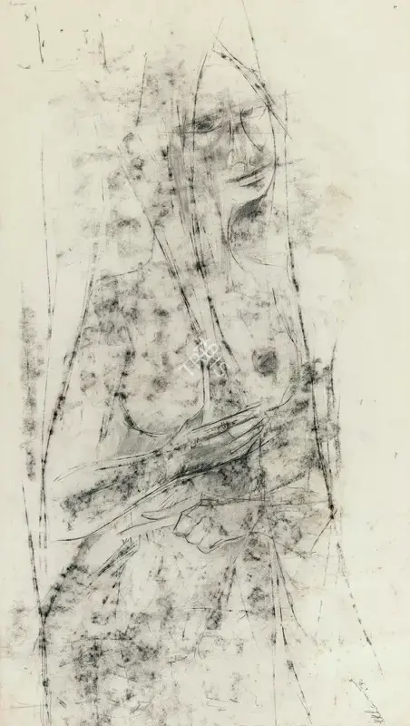 Krishen Khanna (Artist), Untitled (Woman Combing Her Hair), 1959, Drawing
