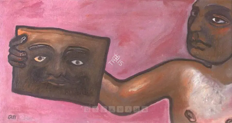 Jogen Chowdhury (Artist), Man With Mask, 1990, Painting