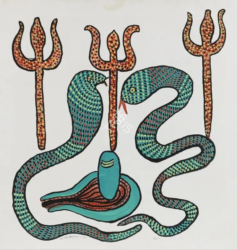 Jangarh Singh Shyam (Artist), Shiv-Many-headed or Shesh Nag snake, trident and lingayoni (Gond Art), 1989, Painting