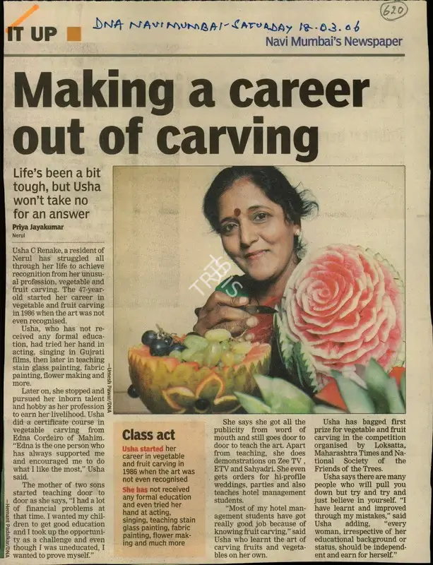 Priya Jayakumar (Reporter), Making a Career out of Carving, 2006, Newspaper Clipping