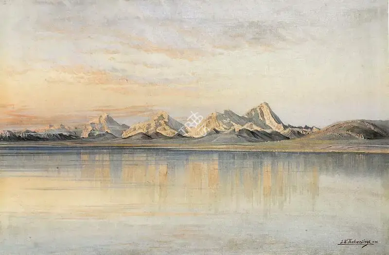 S.G. Thakur Singh (Artist), Mountain Lake View, 1946, Painting