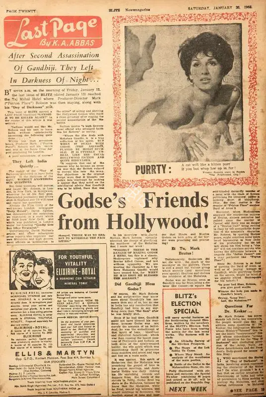 Khwaja Ahmad Abbas (Columnist), After Second Assasination of Gandhiji, They Left in Darkess of Night…Godse's Friends from Hollywood, 1962, Essay