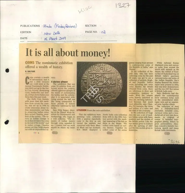 N. Kalyani (Reporter), It is all about Money, 2009, Newspaper Clipping