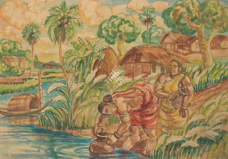 Sheikh Mohammed Sultan (Artist), Untitled (Two women gathering water), 1990, Painting