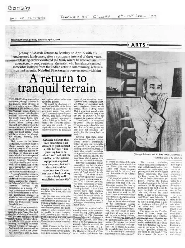 Nandini Bhaskar (Writer), A return of tranquil terrain, 1988, Newspaper Clipping