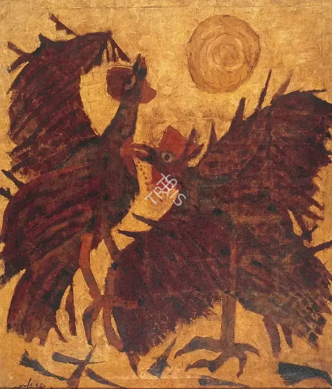 Gopal Ghose (Artist), Cock-Fight, 1961, Painting