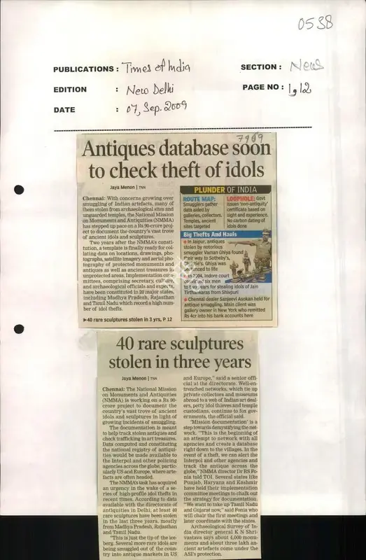 Jaya Menon (Reporter), Antiques Database Soon to Check theft of Idols, 2009, Newspaper Clipping