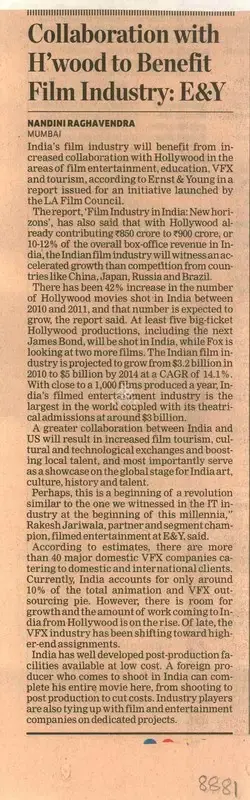 Nandini Raghavendra (Writer), Collaboration With H'Wood to Benefit Film Industry: E&Y, 2012, Newspaper Clipping