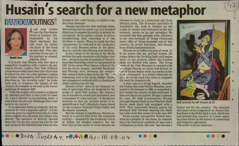 Geeti Sen (Reporter), Husain's Search For a New Metaphor, 2008, Newspaper Clipping
