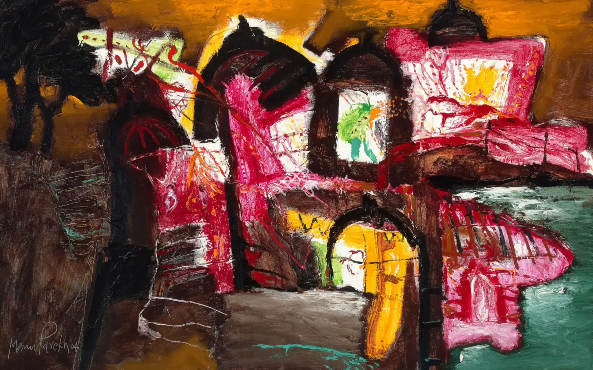 Manu Parekh (Artist), Landscape In Pink And Brown, 2004, Painting
