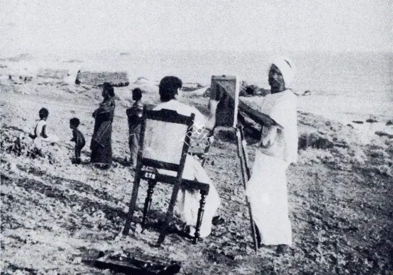 Krishen Khanna (Photographer), Amrita Painting Woman on a Beach at Cape Comorin, 1937, Contemporary Photograph