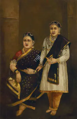 Raja Ravi Varma (Artist), H.H. Janaki Subbamma Bai Sahib Rani of Pudukkottai & her daughter, 1886, Painting
