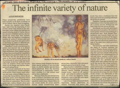Kishore Srinivasan (Writer), The Infinite Variety of Nature, 2003, Newspaper Clipping